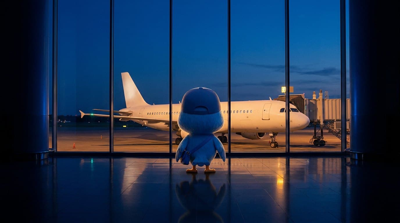 Kayo junto a la cristalera de una terminal de aeropuerto, de noche, contemplando un avión en la puerta de embarque