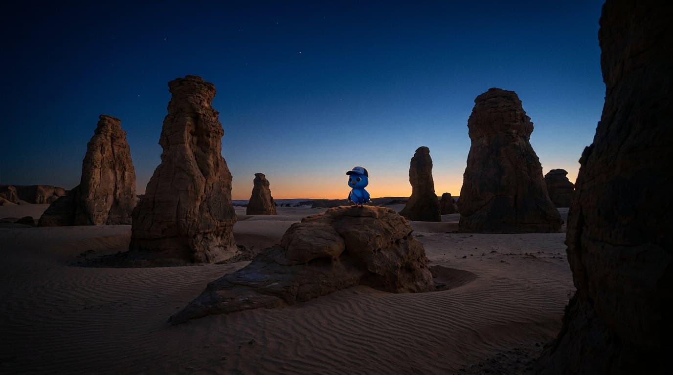 Kayo steht bei Abenddämmerung in der Wüste auf einem Felsen zwischen Sandsteinsäulen