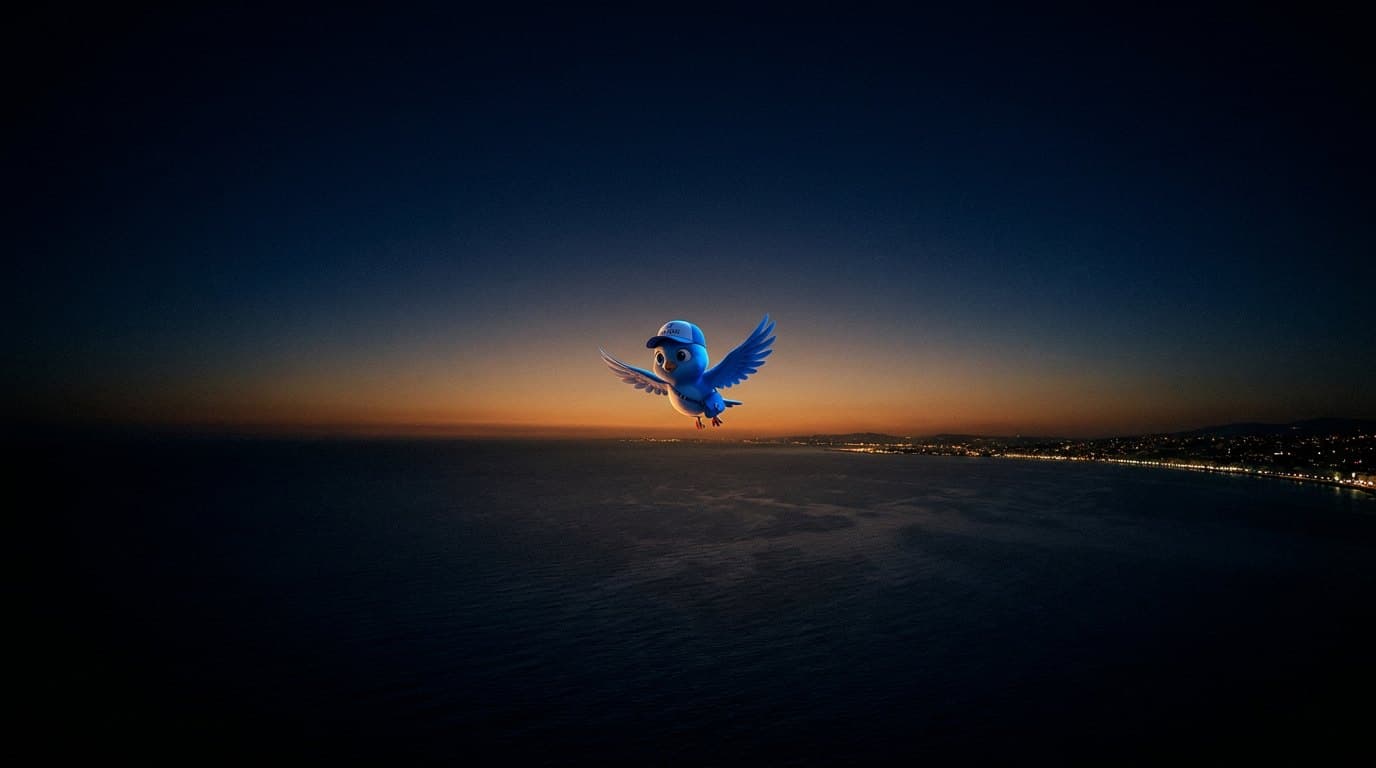 Kayo volant au-dessus de la mer, la nuit, vers une lumière chaude à l’horizon